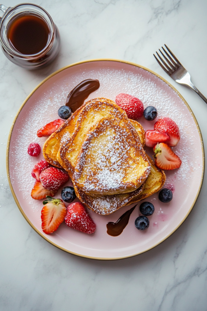 This image shows Nutella French toast being served on a plate, topped with powdered sugar and fresh fruit, ready to be enjoyed as a delicious breakfast treat.