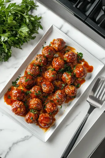 Top-down view over a white marble cooktop with a serving platter of cooked sweet and spicy meatballs. A spatula is ready to serve, with sauce drizzled over the meatballs and fresh parsley garnish beside the platter for presentation.