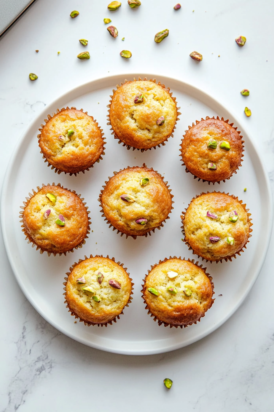 This image shows the pistachio muffins being served on a plate, with a light sprinkle of chopped pistachios on top, ready to be enjoyed as a delightful snack or dessert.