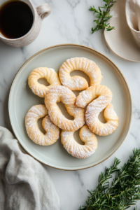 This image shows the traditional Kringla cookies being served on a plate, paired with a cup of coffee, ready to be enjoyed as a delightful Scandinavian treat.