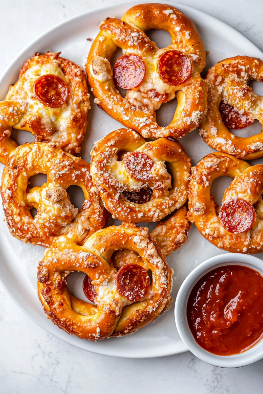 This image shows the freshly baked pizza pretzels served warm on a plate, with a side of marinara sauce for dipping, making them a perfect snack or meal.