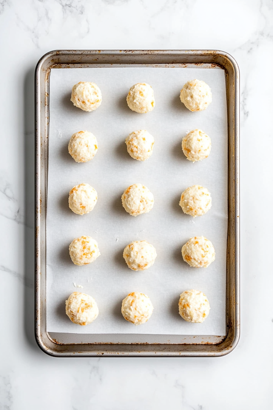 This image shows the cheese and jalapeño mixture being shaped into small, tightly packed balls and arranged on a cookie sheet before being placed in the freezer to set.