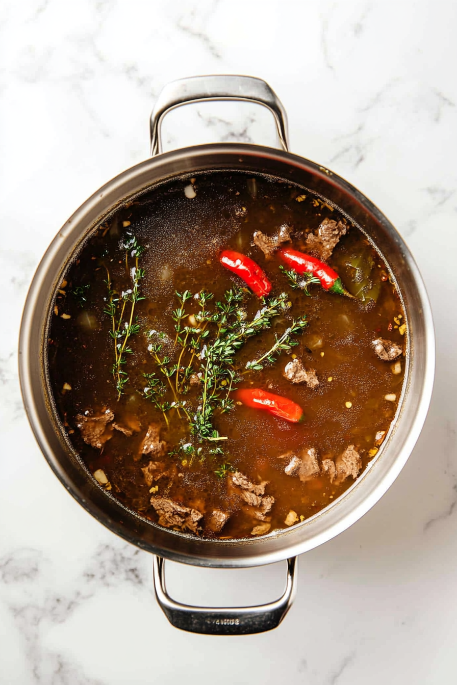 This image shows the soup simmering with beef broth, Scotch bonnet peppers, fresh thyme, and bay leaves, allowing the flavors to develop as the meat and vegetables cook until tender.