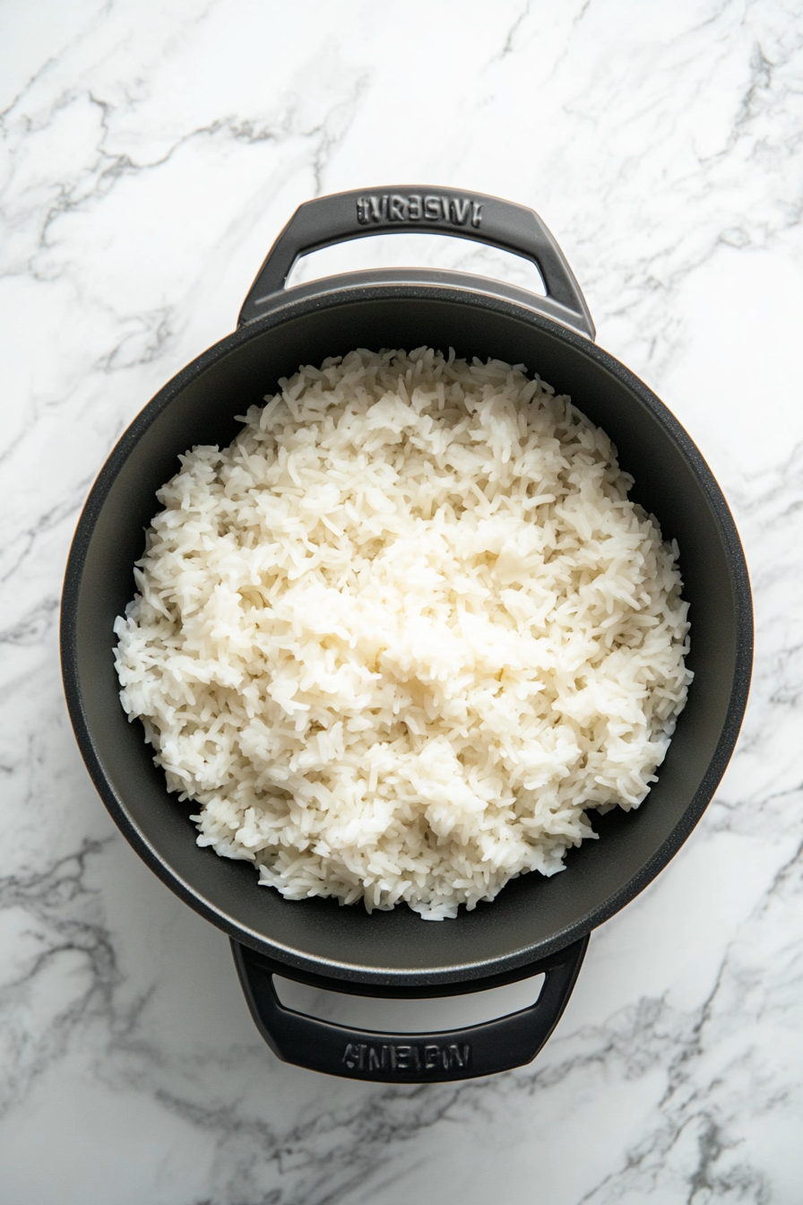 This image shows the skillet covered as the rice simmers with sausage, vegetables, and broth, becoming tender and soaking up all the delicious flavors for the smoked sausage and rice recipe.