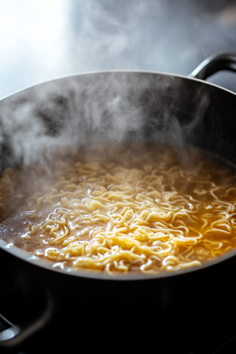 This image shows the soup gently simmering in a large pot. The ingredients are well combined, and steam is rising from the pot as the soup cooks to perfection.