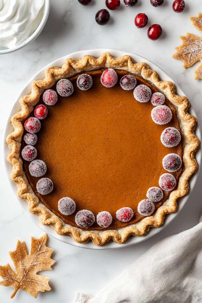 This image shows a slice of pumpkin pie served with sugared cranberries and whipped cream, showcasing the final presentation of the dessert.