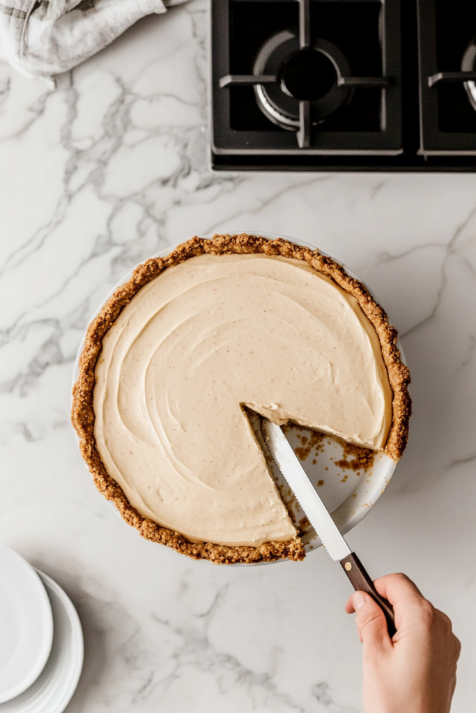 This image shows a slice of peanut butter pie being served from the pie dish, ready to be enjoyed.