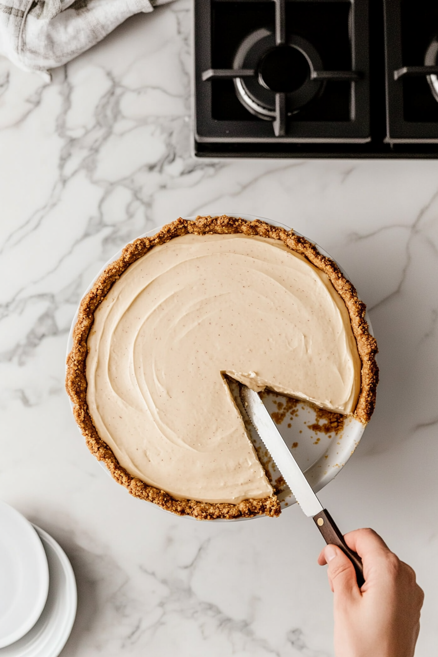 This image shows a slice of peanut butter pie being served from the pie dish, ready to be enjoyed.