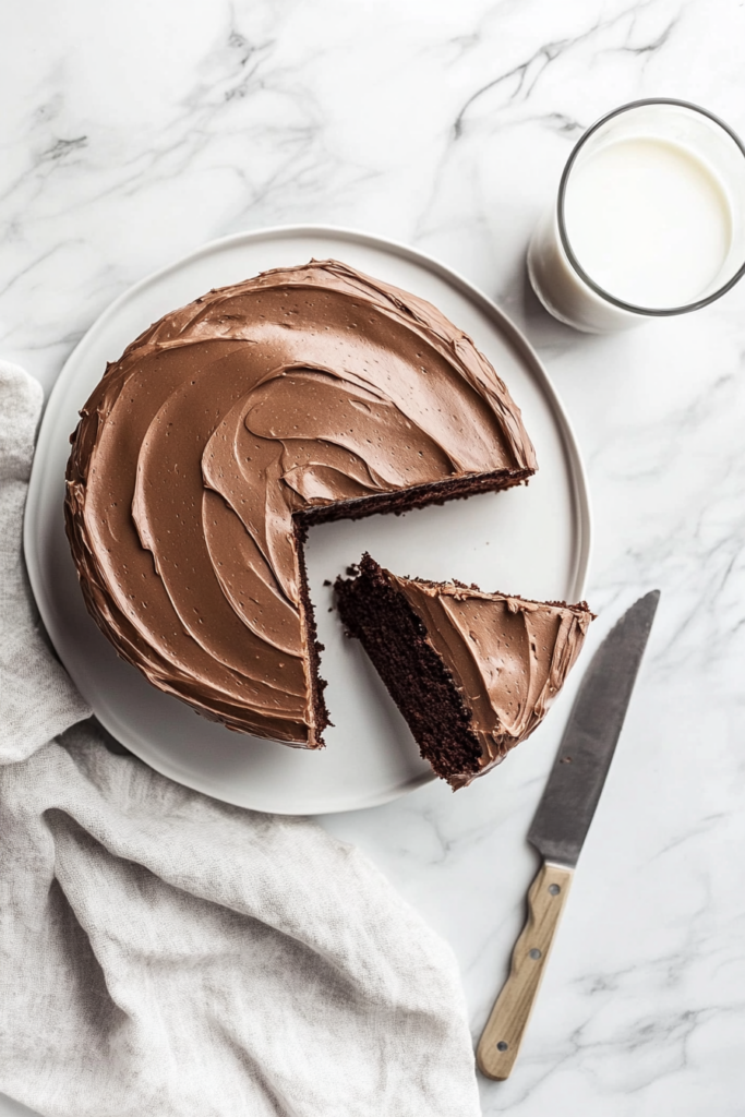 This image shows the Nutella cake being sliced and served on a plate, with the rich Nutella frosting glistening on top and the cake looking moist and decadent.