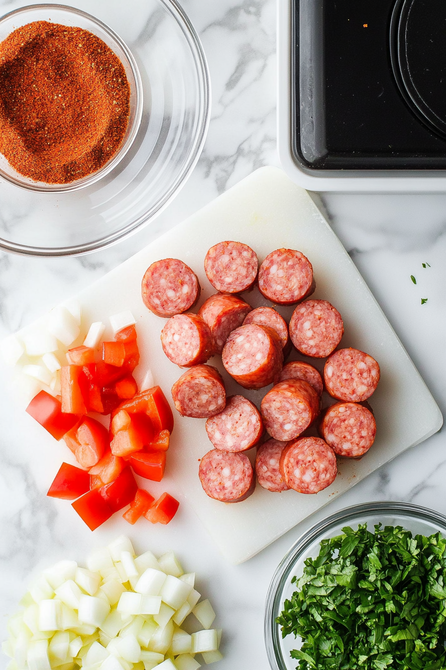 This image shows smoked sausage being sliced into round pieces, along with diced onion and red bell pepper, all prepared and ready to be used in the smoked sausage and rice recipe.