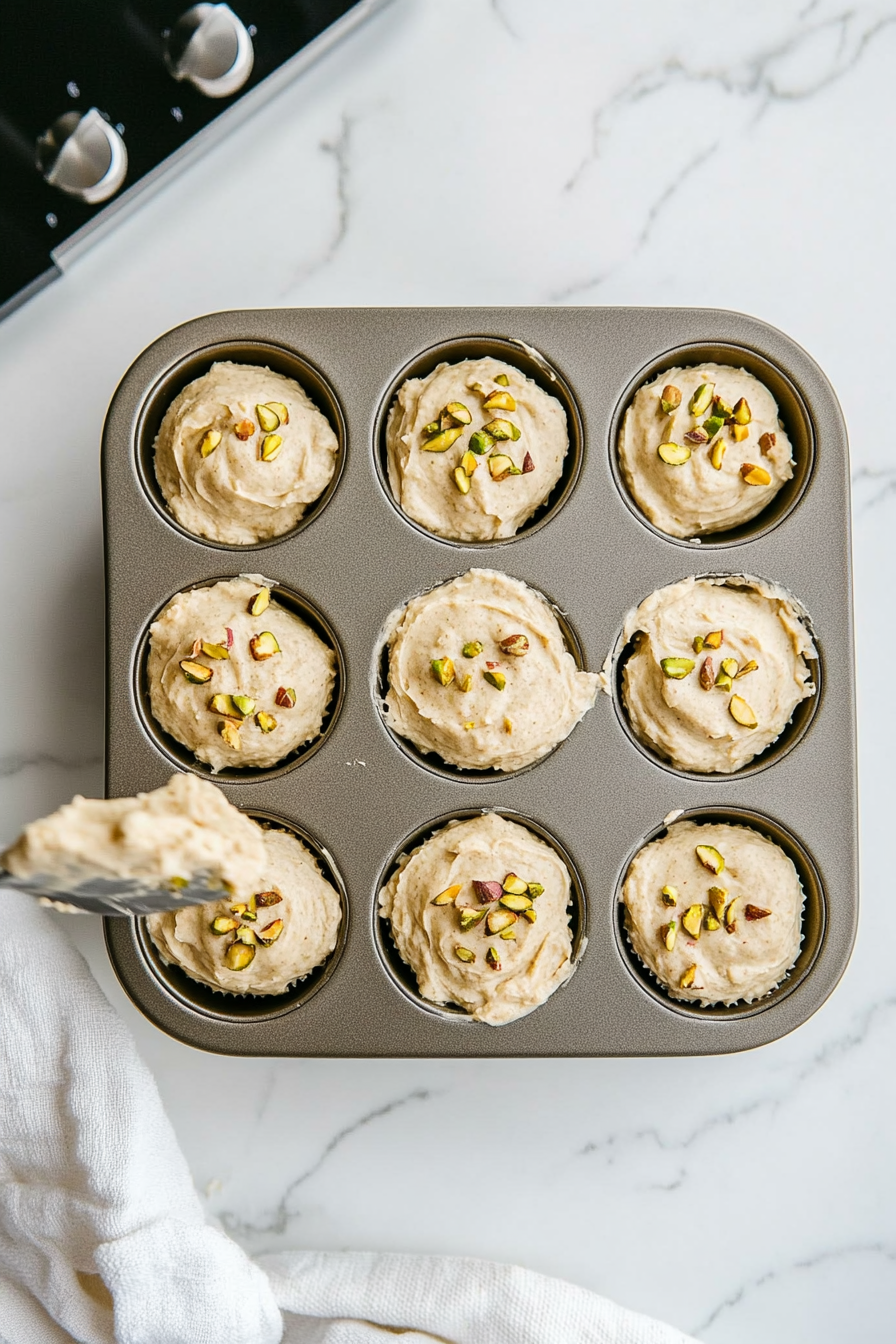 This image shows the pistachio muffin batter being spooned evenly into a muffin tin, filling each cup and preparing the muffins for baking.