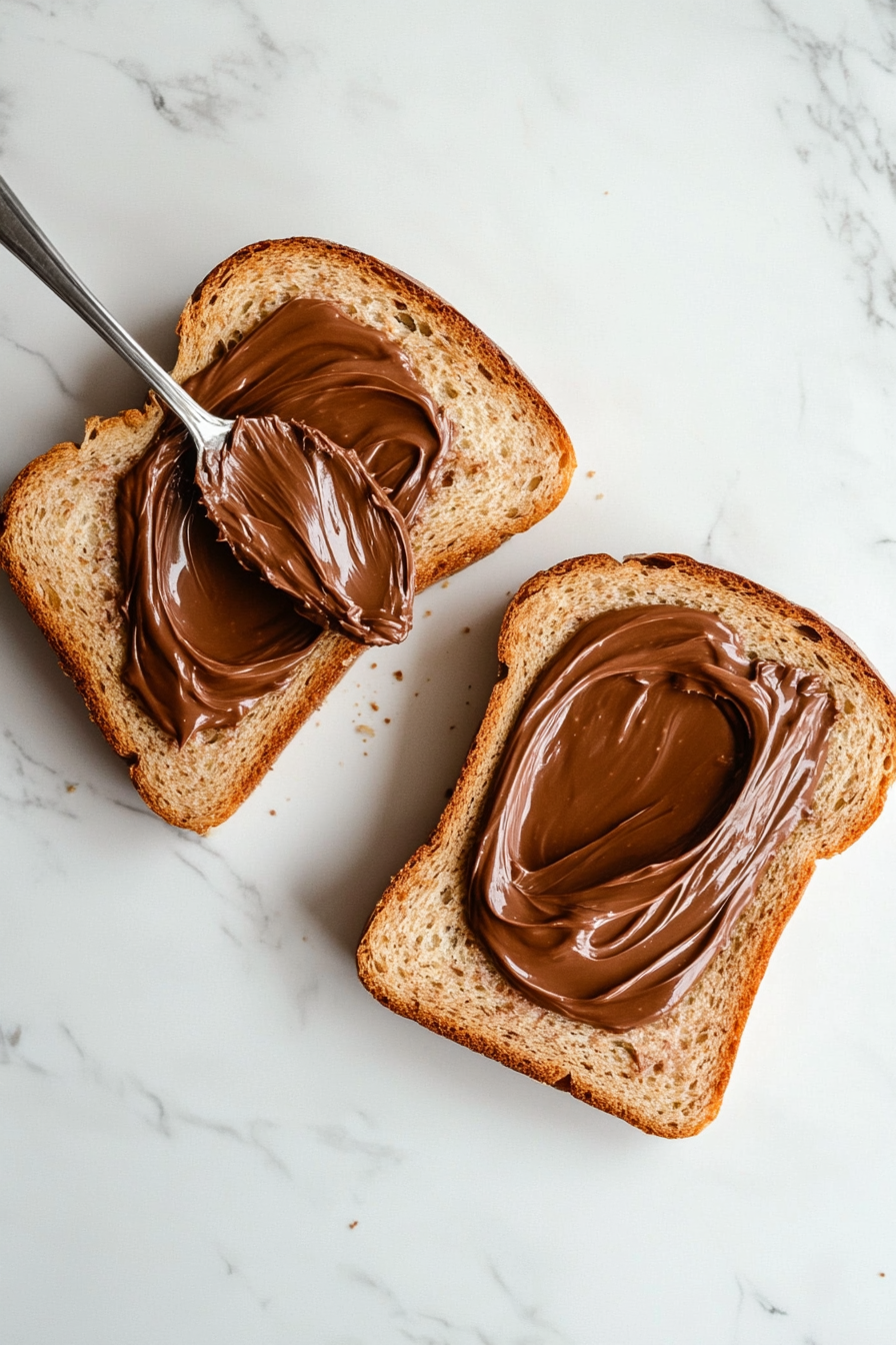 This image shows creamy Nutella being generously spread on thick slices of cinnamon bread, preparing a rich filling for Nutella French toast.