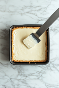 This image shows the smooth banana cheesecake filling being spread evenly over the chilled Nilla Wafer crust in the baking pan, creating the base for the dessert.