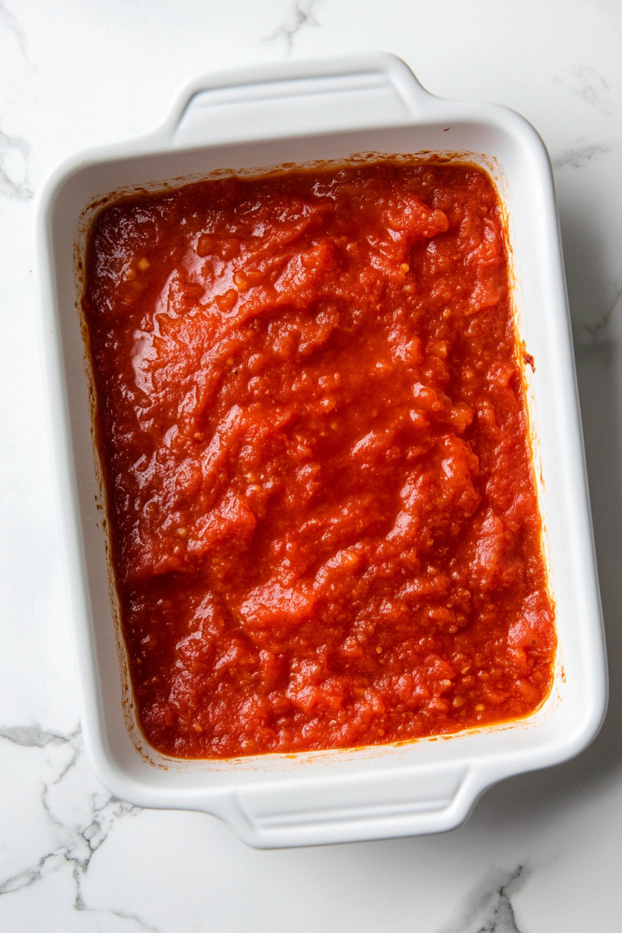 This image shows the tomato sauce being evenly spread across the bottom of a baking dish, providing a delicious base for the sliced vegetables.