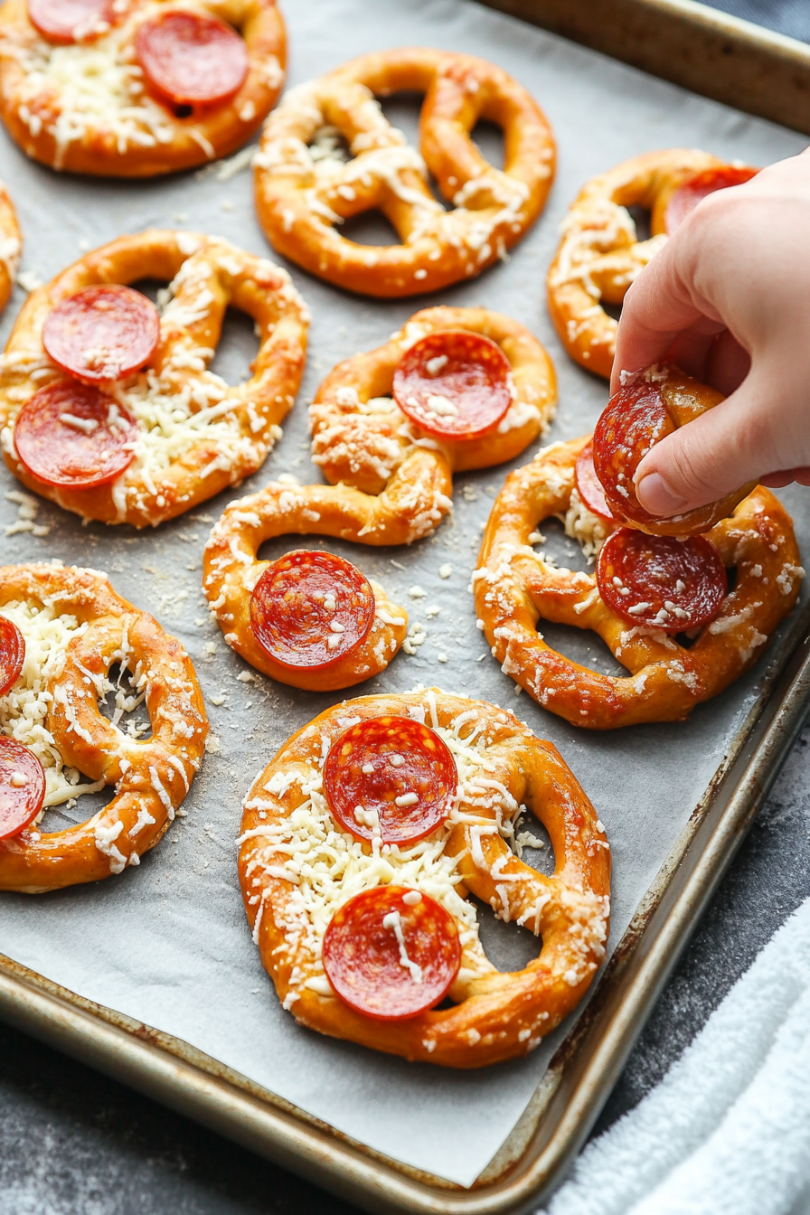 This image shows the boiled pretzels being generously sprinkled with grated cheese and topped with pepperoni slices, adding the savory pizza flavor to these soft pretzels.