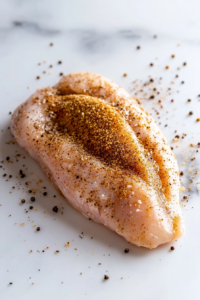 This image shows the spice rub being evenly sprinkled over raw chicken breasts, adding seasoning before they are baked.