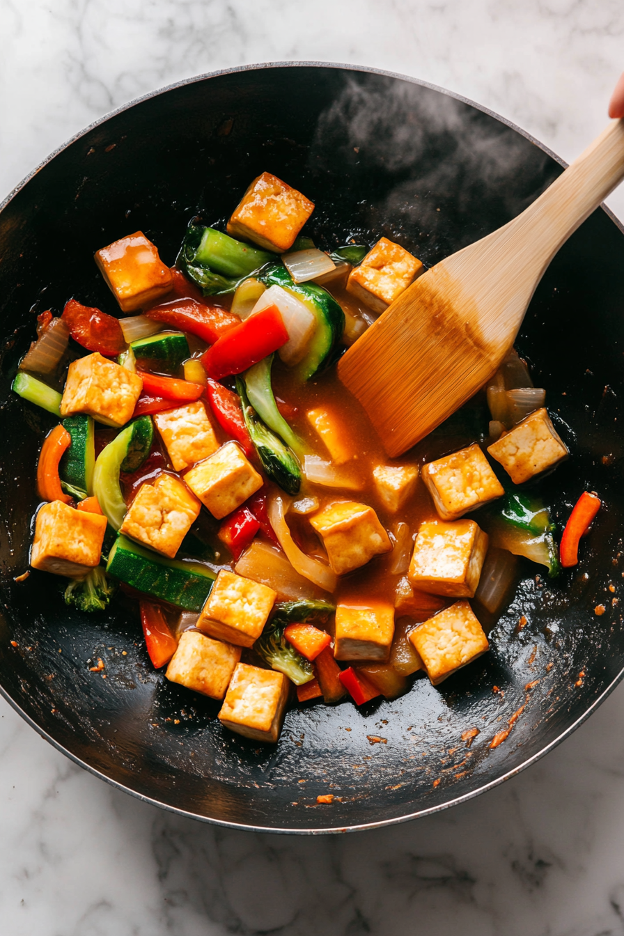 This image shows golden-brown tofu and sautéed vegetables being combined in a wok, with the sauce poured over and stirred to coat everything evenly, bringing the dish together.