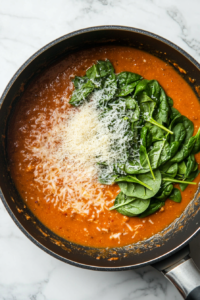 This image shows freshly grated Parmesan cheese being stirred into the creamy sauce, followed by fresh spinach that wilts down into the sauce, adding flavor and texture to the spinach salmon pasta.