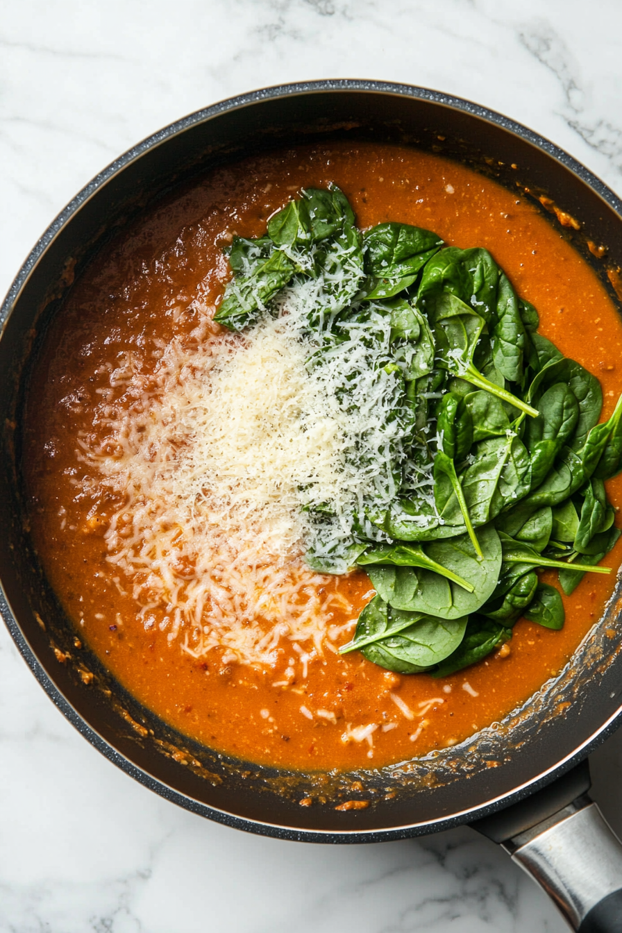 This image shows freshly grated Parmesan cheese being stirred into the creamy sauce, followed by fresh spinach that wilts down into the sauce, adding flavor and texture to the spinach salmon pasta.