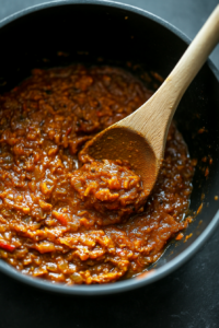 This image shows Thai red curry paste being stirred into the softened onion and garlic mixture, releasing a rich and aromatic fragrance that will enhance the flavor of the dish.