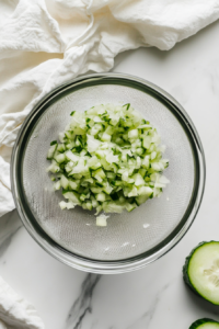 This image shows grated cucumber being placed in a fine mesh strainer, with liquid being pressed out to remove excess moisture, ensuring a thick and creamy consistency for the vegan tzatziki sauce.