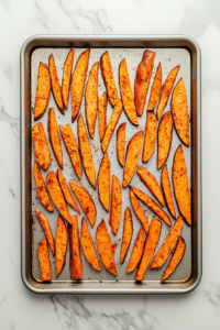 This image shows sweet potato fries arranged on a sheet pan, baking in the oven until they turn crispy and golden brown.