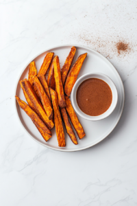 This image shows crispy sweet potato fries served on a plate with a small bowl of warm cinnamon and brown sugar dipping sauce, ready for dipping.