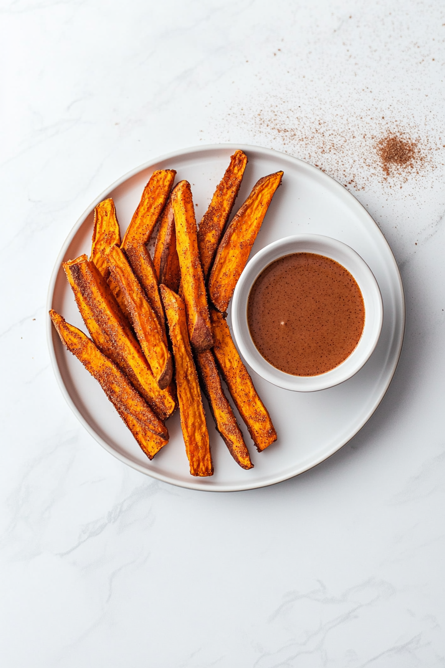 This image shows crispy sweet potato fries served on a plate with a small bowl of warm cinnamon and brown sugar dipping sauce, ready for dipping.