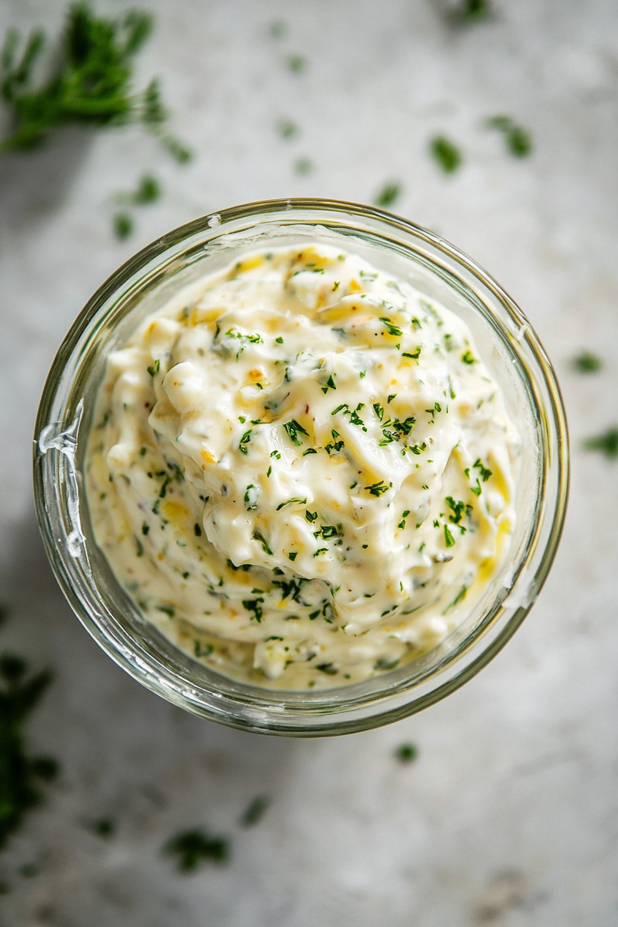 This image shows the tartar sauce covered and chilling in the refrigerator, allowing the flavors to meld together for a deliciously tangy and creamy dip.