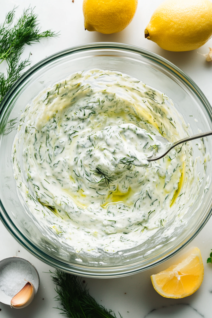 This image shows someone tasting the vegan tzatziki sauce and adjusting the seasonings by adding more salt, garlic, lemon, or dill to enhance the flavor.