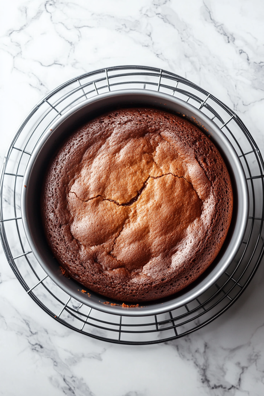 This image shows a toothpick being inserted into the center of the Nutella cake to check for doneness, with the cake cooling on a wire rack afterward.