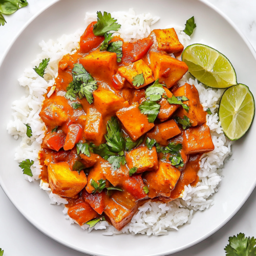 This image shows a bowl of vibrant Thai red curry vegetables, garnished with fresh coriander and lime wedges, with a creamy coconut curry sauce and colorful vegetables, ready to serve.