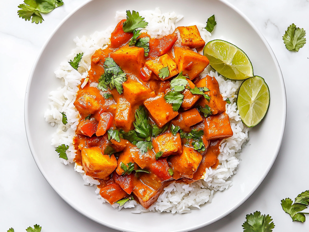 This image shows a bowl of vibrant Thai red curry vegetables, garnished with fresh coriander and lime wedges, with a creamy coconut curry sauce and colorful vegetables, ready to serve.