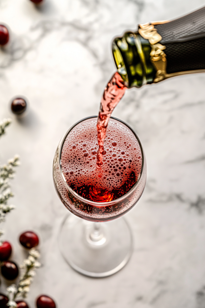 This image shows bubbly champagne being added to cranberry juice in a champagne flute, creating the sparkling base for a Christmas mimosa.