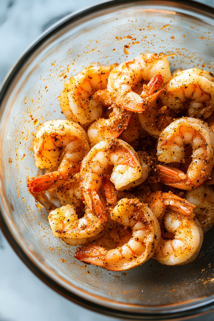 This image depicts large shrimp being tossed in a bowl with olive oil, paprika, garlic powder, salt, and pepper. The shrimp are prepared for cooking.