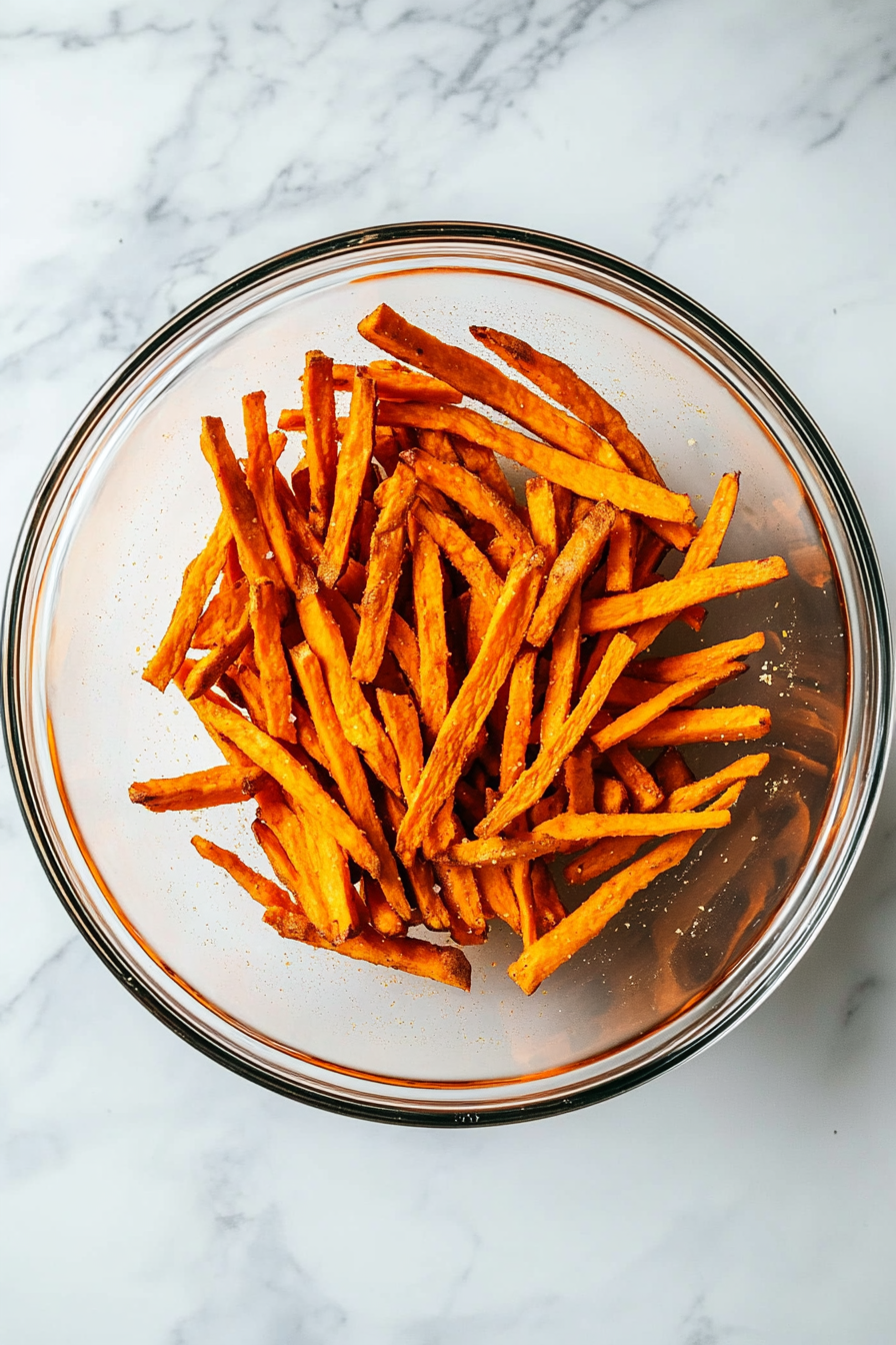 This image shows sweet potato fries being tossed with olive oil and seasoned salt in a mixing bowl to ensure they are evenly coated before baking.