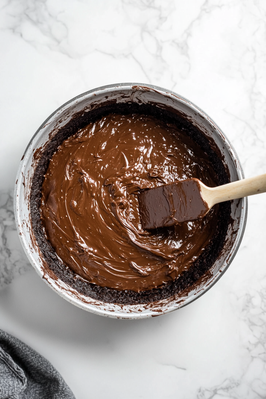 This image shows the smooth Nutella cake batter being transferred into the greased 8-inch springform pan, spread evenly and ready to be baked.