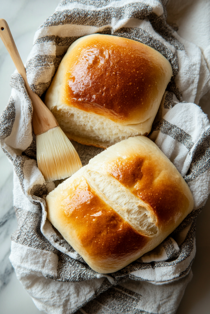 This image shows two beautifully baked yeast bread loaves cooling on a wooden board, highlighting the soft interior and perfectly golden crust.