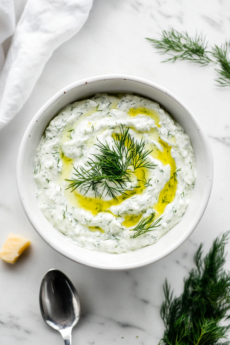 This image shows the completed vegan tzatziki sauce served in a bowl, garnished with fresh dill, and ready to be enjoyed as a dip, salad dressing, or addition to wraps and sandwiches.