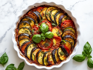 This image shows the finished ratatouille with layers of colorful sliced vegetables baked in a rich tomato sauce, served hot and garnished with fresh herbs.