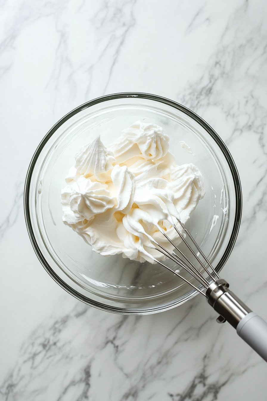 This image shows heavy cream and sugar being whipped with an electric mixer until stiff peaks form, creating a fluffy texture for the banana cheesecake filling.