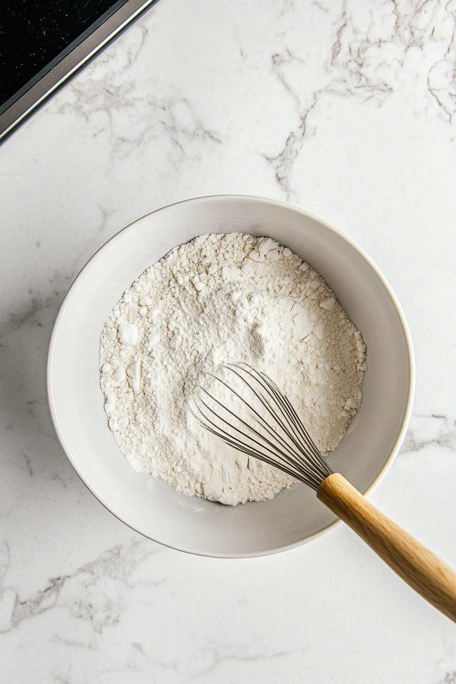 This image shows flour, baking powder, and salt being whisked together in a large bowl, creating the dry ingredient base for pistachio muffins.