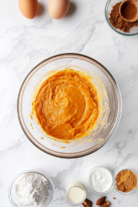 This image shows pumpkin puree being whisked together with eggs, brown sugar, and spices in a bowl to make the smooth and flavorful pumpkin pie filling.