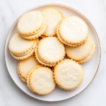 This image shows a stack of lemon sandwich cookies with a thick layer of lemon cream filling nestled between two buttery cookies. The cookies are golden, with a vibrant yellow filling visible from the sides, showcasing their bright, citrusy flavor. Perfect for dessert or an afternoon snack.