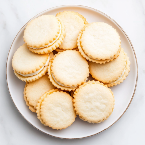 This image shows a stack of lemon sandwich cookies with a thick layer of lemon cream filling nestled between two buttery cookies. The cookies are golden, with a vibrant yellow filling visible from the sides, showcasing their bright, citrusy flavor. Perfect for dessert or an afternoon snack.