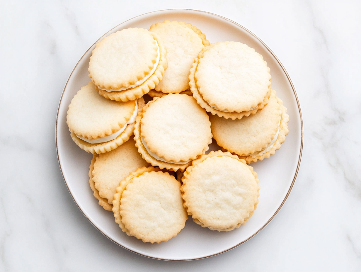 This image shows a stack of lemon sandwich cookies with a thick layer of lemon cream filling nestled between two buttery cookies. The cookies are golden, with a vibrant yellow filling visible from the sides, showcasing their bright, citrusy flavor. Perfect for dessert or an afternoon snack.