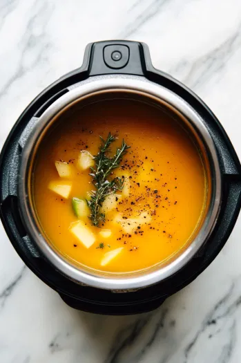 This image shows peeled and chopped butternut squash, green apple, vegetable broth, cinnamon, thyme, rosemary, salt, pepper, and nutmeg being added to the Instant Pot for cooking.