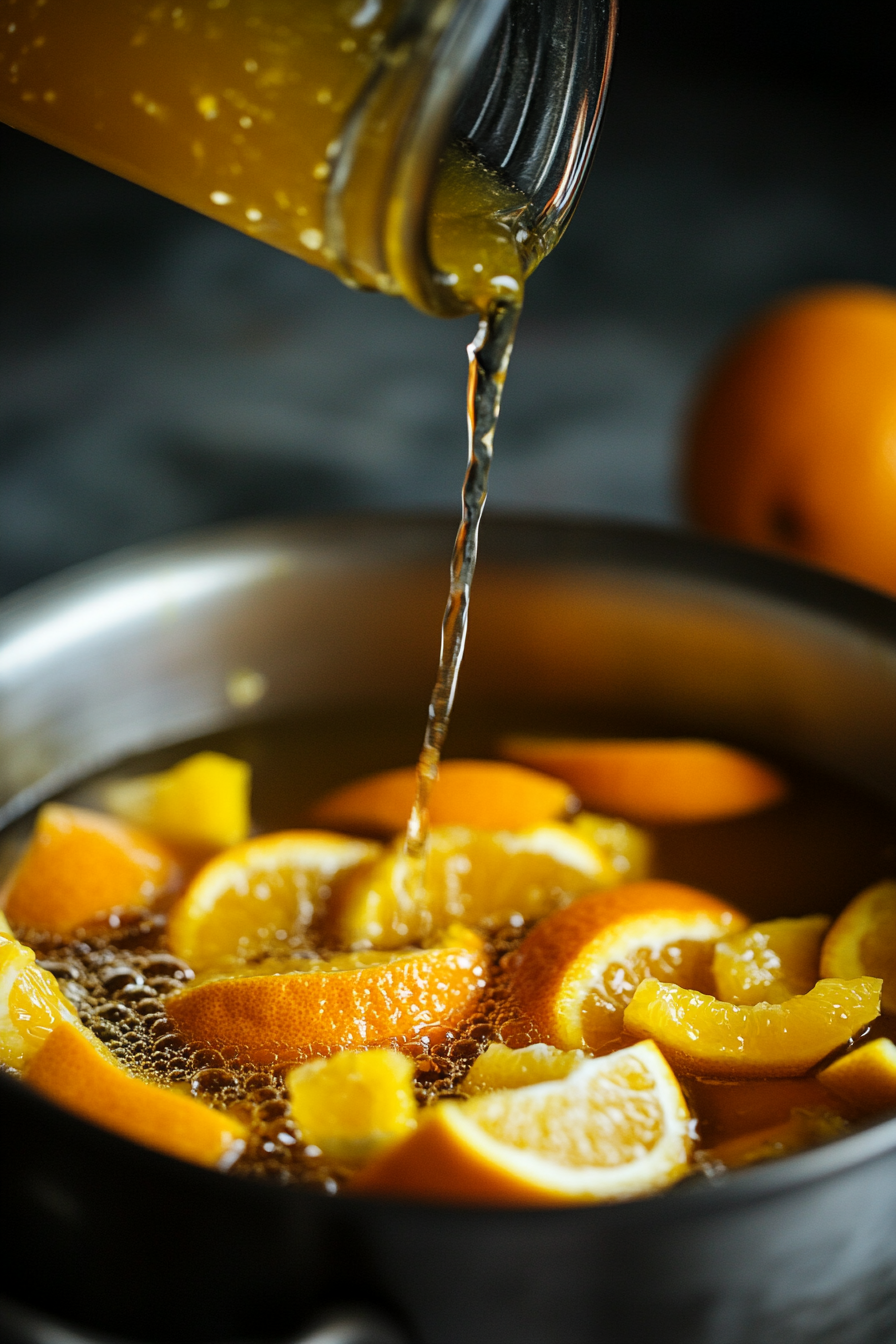 A top-down view of the pot with the cooled orange mixture. Everclear and vanilla vodka are being poured into the mixture and stirred thoroughly, combining all the ingredients.