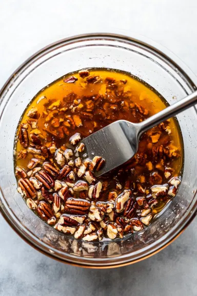 Top-down view of a mixing bowl with a spatula gently folding in vanilla, salt, and chopped pecans into the egg and syrup mixture, creating a smooth blend.