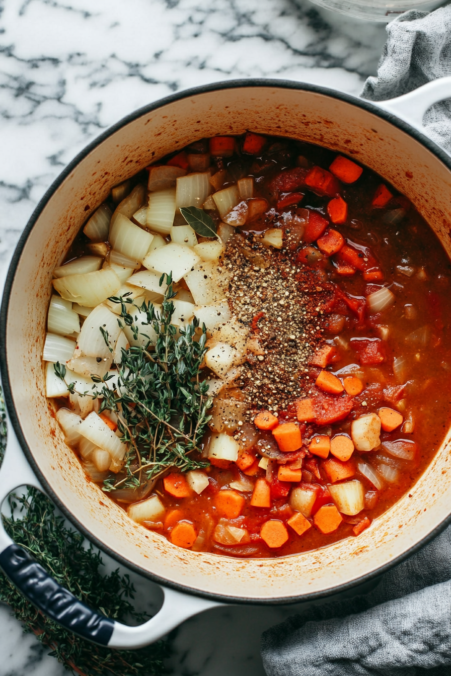 Top-down view of the Dutch oven with minced garlic cloves and sliced carrots added to the sautéed onions. The mixture is being stirred and cooking until fragrant.